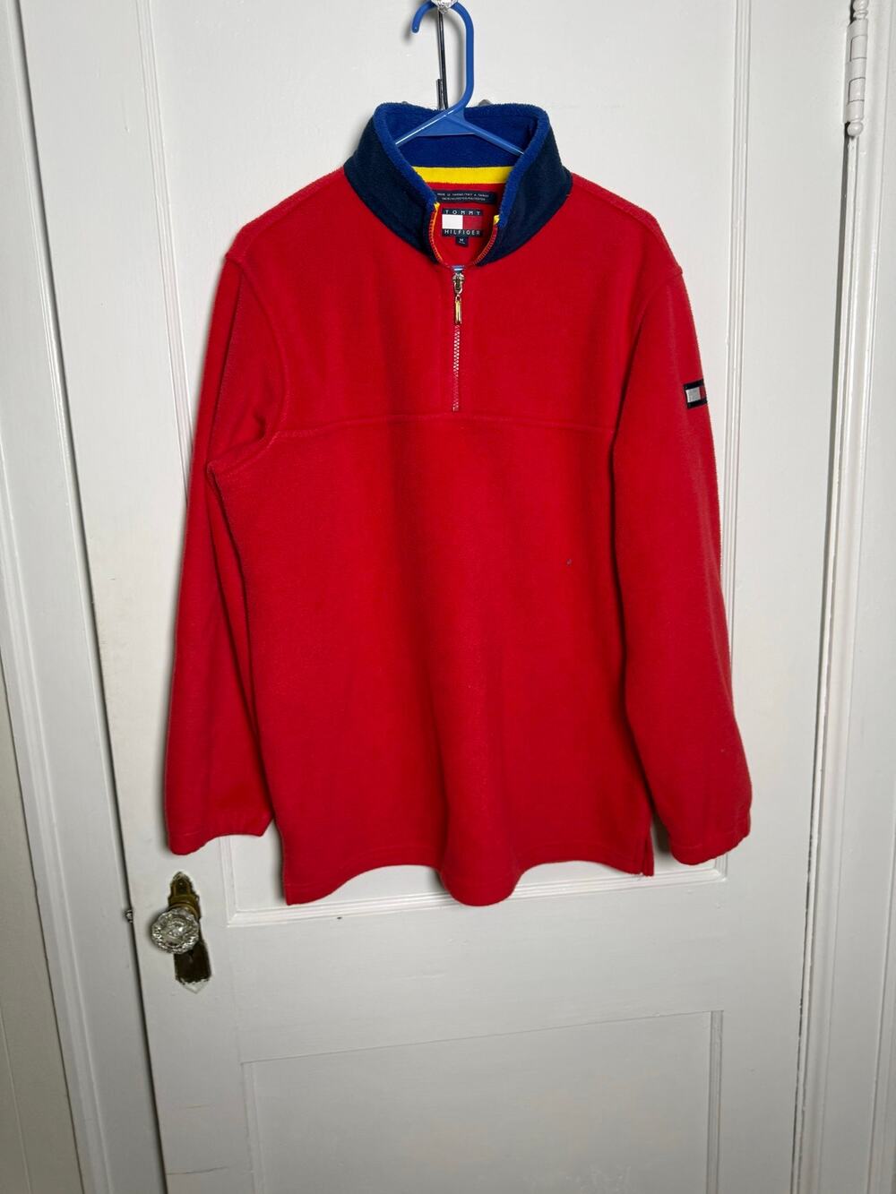 Vintage 90s Tommy Hilfiger Fleece M Red Quarter Zip Flag Logo Colorblock Preppy